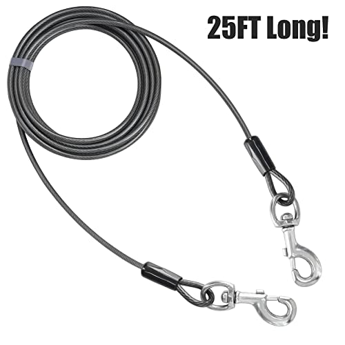 BV Dog Tie Out Cable 25 Feet - Heavy Duty Dog Lead Up to 250 Pounds - Reflective & Rust-Free with Quick Release Swivel Clips & 360° Rotating Clasp - Tangle-Free Dogs Runner for Yard (Grey, Single) - color: 250lbs/ 25ft/ Grey, style: Single