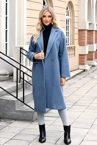 SAUKOLE Womens Winter Pea Coat Notch Lapel Double Breasted Wool Blend Oversized Overcoat with Pockets - color: 12#blue, size: Medium
