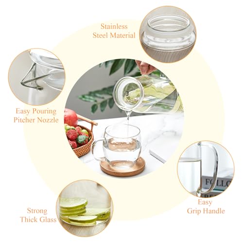 Hsei 2 Sets Glass Pitcher with Lid, 67.6 oz / 2000 ml Water Carafe with Handles Hot Cold Beverage Water Jar Glass Jug for Tea Juice Milk Coffee Iced Beverage (Glass Lid) - color: Glass Lid, size: 2l