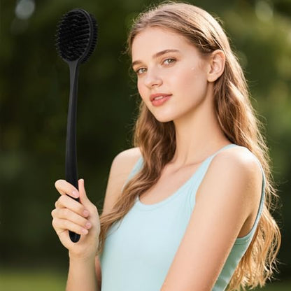 Silicone Body Scrubber for Shower Men Women – Dual-Sided Exfoliating & Massage Shower Brush with Long Handle, Creates Rich Lather, Includes 1 Hook & 2 Lather Balls (Black). - color: Black