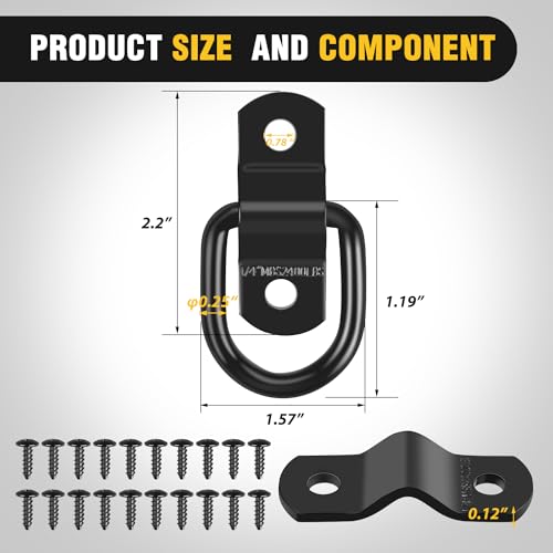 Nilight 10 Pcs 1/4" Stainless Steel D-Ring Tie Down Anchors | Heavy Duty 2400 Pound Capacity Includes Screws for Ratchet Tie Down Straps Car Truck Bed Cargo - color: 1/4" 10Pcs Black