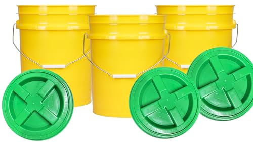 House Naturals 5 Gallon Plastic Yellow Food Grade BPA Free Made in USA Bucket Pail with Air Tight Double Gasket Screw on Lid(Pack of 3) (Yellow and Green lids) - color: Yellow and Green Lids