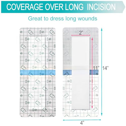 Waterproof Incision Bandages for Large Wounds Knee Hip Replacement Adheisve Island Dressing Bandaid Tape Post Surgical Shower Protector, No Glue On Center 4 x 14 Inch (Pack of 14) - size: Waterproof 4"x14", style: Pack of 14
