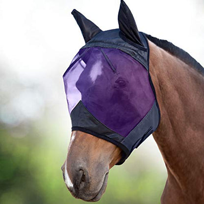 Harrison Howard CareMaster Horse Fly Mask Half Face with Ears Black/Purple Retro Medium Cob - color: Black/Purple, size: Cob (Medium)