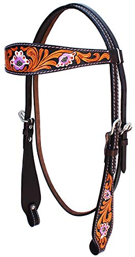 CHALLENGER Horse Western Leather Tooled Headstall Bridle Breast Collar Tack Set 78HRBrowbandSet - color: Brown Pink Lily