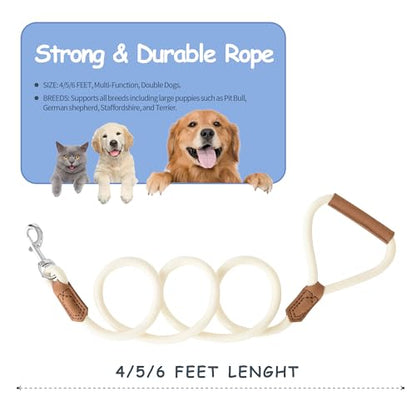 Mile High Life Dog Leash with Genuine Leather-Wrapped Ends/Handle, 4/5/6FT - color: Cream White, size: 48 Inch-1/2"