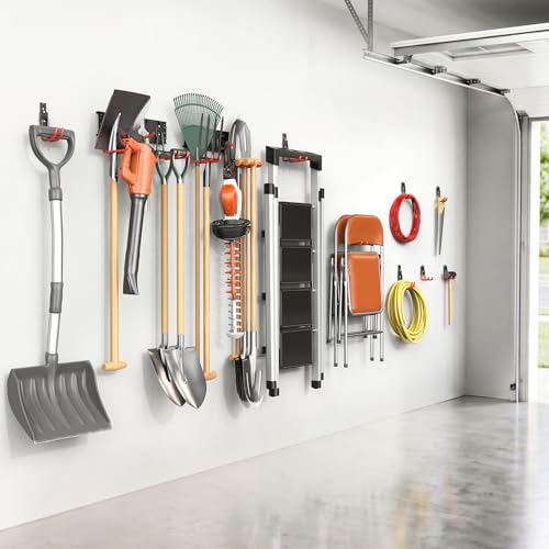 WALMANN Garage Wall Mounted Garden Tool Hooks, Folding Chair Storage Rack | Tools Rack for Shovels, Rakes, Brooms, Ladders, Compatible with Keyhole Style Shelving Units - style: Hooks with 2 Tracks