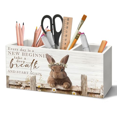 Motivational Bunny Pen Holder Organizer for Desk Accessories, Bunny Gifts for Women Girls, Farmhouse Daisy Floral Easter Rabbit Wooden Box Sign Desk Decorations for Home Office Decor - color: Rabbit, size: 2.5"D x 7.8"W x 3.5"H