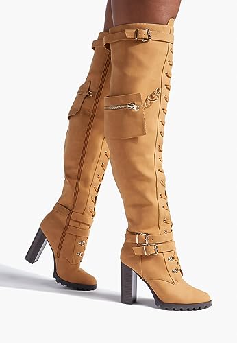 Yishaweiqi Buckle Strap Wide Calf Thigh High Boots for Women Chunky Block High Heel Over The Knee Boots Lace up Riding Combat Boots Ladies Side Zipper Tall Long Boots - color: Tan, size: 9