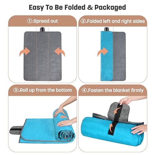 Tirrinia Waterproof Outdoor Blanket with Sherpa Lining, Windproof Foldable - color: Aqua/Grey, size: 51” x 59”