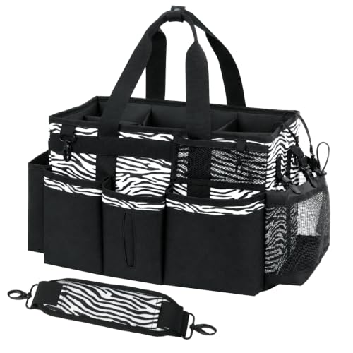 SCAVATA Wearable Cleaning Caddy, Cleaning Caddy Supplies Organizer with Handle & Shoulder Straps for Housekeepers, Under Sink & Car Cleaning Tool Organizers Bag with 4 Foldable Divider (ZebraStripe) - color: ZebraStripe