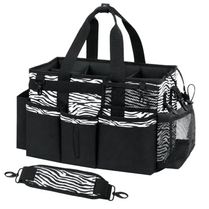 SCAVATA Wearable Cleaning Caddy, Cleaning Caddy Supplies Organizer with Handle & Shoulder Straps for Housekeepers, Under Sink & Car Cleaning Tool Organizers Bag with 4 Foldable Divider (ZebraStripe) - color: ZebraStripe