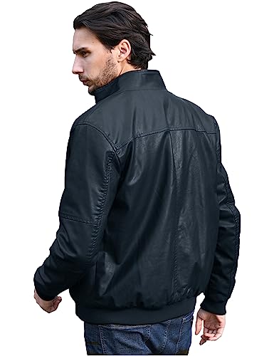 WenVen Men's Stand Collar Fleece Lined Faux Leather Jacket Warm Winter Coat | Bomber Outerwear - color: Navy, size: Large