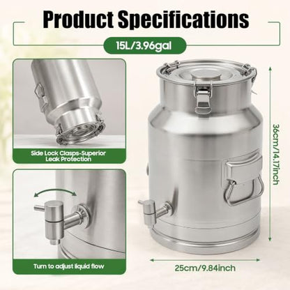 15L/4Gal Milk Can with Spigot, Water Beverage Dispenser Pail | Food Grade Bulk Storage Container, Commercial Liquid Dispenser with 3 Clips for Milk Wine Water Oil