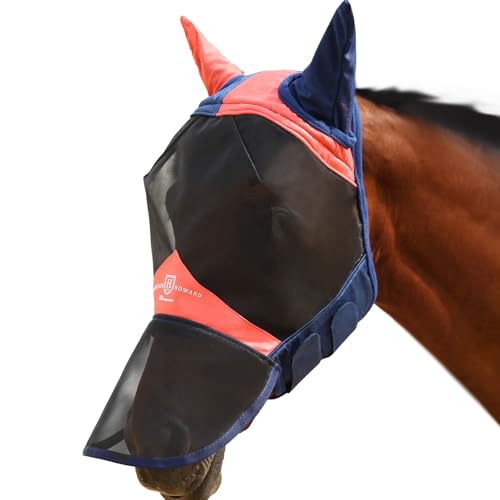 Harrison Howard Pro Luminous Horse Fly Mask Large Eye Space Full Face UV Protection for Horse Coral Orange/Navy S - color: Coral Orange/Navy, size: Small (Yearling)