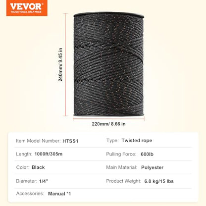 VEVOR Electric Fence Wire, 1000Ft 305M Portable Polywire, 1/4" Diameter 2 Copper Strands for Reliable Conductivity and Rust Resistance, Fencing Rope Line for Horse, Cattle, Livestock - size: 1000Ft 305M, style: 1/4" Strands