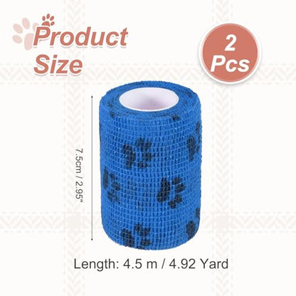 Pet Wrap Bandages, 3 Inch 5 Yard Self Adhesive Bandage Wrap, Pet Non-Woven Tape First Aid Cohesive Gauze, (Blue/Paw, 2 Pcs), Intended for Dog/Cat/Bird/Legs/Paws/Wound - color: Blue, size: 3 inch