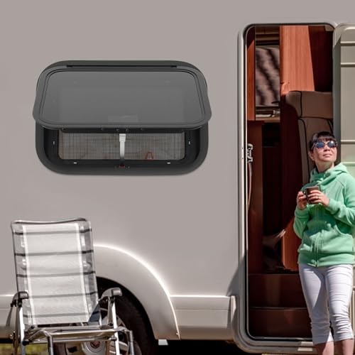 RV Exit Window W/ Trim Ring & Screen, Push Out Glass Camper Window – Tempered Glass/Aluminum Alloy, 22*15in Hole, 38mm Wall Thickness, Black for RV/Camper/Trailer Owners