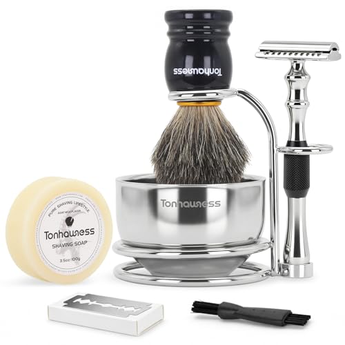 5 In 1 Manual Shaving Kit For Men Includes Badger Hair Shaving Brushes Set, Double Edge Safety Razor, Stainless Steel Shaving Bowl&Stand and Goat Milk Shaving Soap - color: Black Handle