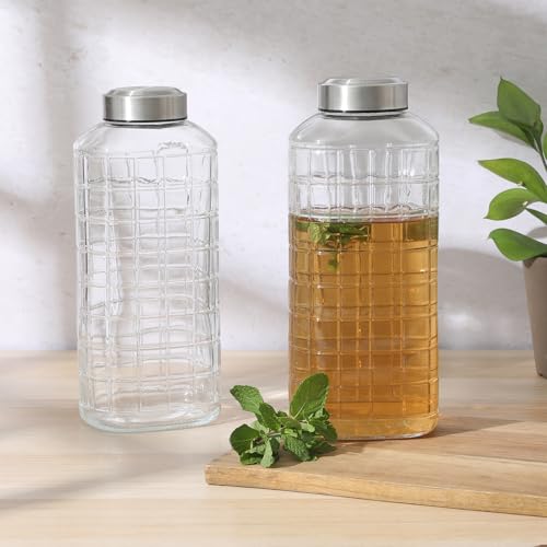 Gibson Home Whistler Peak 2 Pack 64 OZ (1.9 Liters) Large Embossed Reusable Glass Bottles w/Airtight Leakproof Stainless Steel Lid, Pitcher for Water, Milk, Juice - Dishwasher Safe - color: Whistler Peak (64oz), size: 64 Ounces