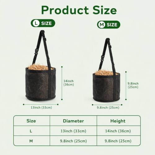 Mesh Horse Feed Bag – Portable Hay Bucket with Adjustable Strap, Durable & Breathable, Reduces Feed Waste for Trailering, Camping & Daily Use, Size L