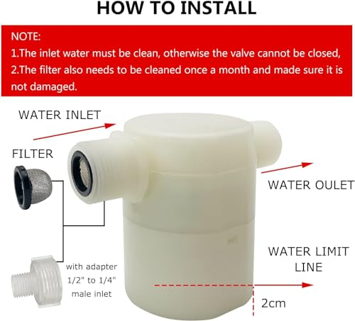 Water Float Valve, Water Level Control Water Tank Traditional Float Valve Upgrade 2 PCS (side inlet, 1/2" to 1/4") - color: side inlet, size: 1/2" to 1/4"