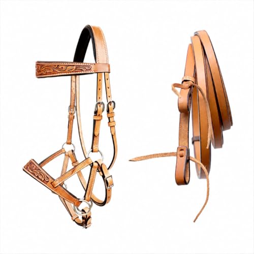 Horse Western Tan Leather Padded Bitless Training Sidepull Bridle Reins - color: Tan Antique Floral