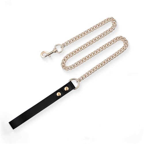 38" Aluminum Chain Leash with Leather Handle for Collar - color: Black&Gold