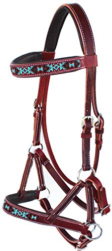 English Western Horse Leather Bitless Sidepull Bridle w/ Split Reins 77RS12 - color: Mahogany/Beaded
