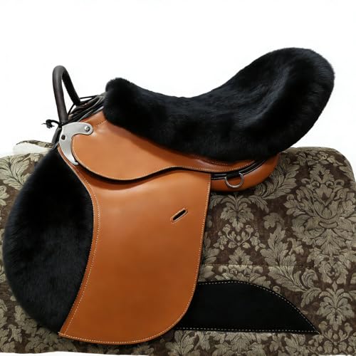 Saddle Sheepskin Seat Cover, Merino Sheepskin Saddle Pad – A Soft, Shock-Absorbing and Breathable Equestrian Seat Cover - color: Black