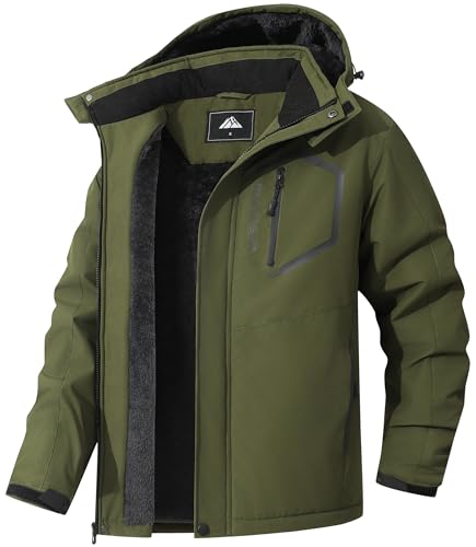 Men's Mountain Ski Jacket Winter Snow Coats Waterproof Warm Fleece Lining Jacket Parka with Hooded - color: Army Green, size: Medium