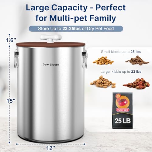 Paw Libero 25 Lbs Stainless Steel Dog Food Storage Container with Airtight Lid & Ceramic Bone Handle, Large Metal Dog Food Bin for Dogs & Cats, Keep Fresh, Easy to Clean - size: 25 lbs