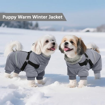 BRKURLEG Grey Dog Winter Coat, Cozy Winter Dog Jackets, Small Dogs Coat with Harness, Onesie Body Warm Puppy Jacket, Pet Reflective Windproof Cold Weather Jackets, Puppy Four-Legged Puffer Coats, M - color: Grey, size: Medium