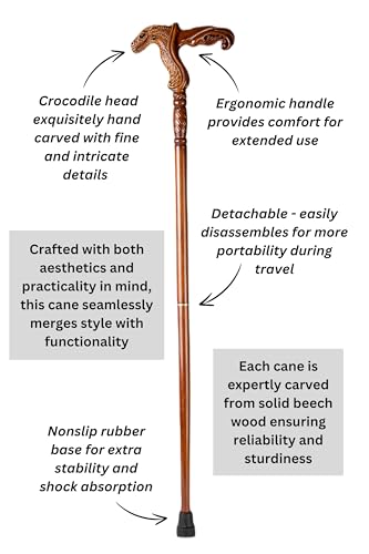 Hand Carved Wooden Walking Cane with Ergonomic Handle and Rubber Tip for Men and Women - Fashionable Unique Walking Stick for Seniors - 37 inch - style: Crocodile
