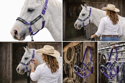 CHALLENGER Nylon Horse Beaded Halter Nickle Plated Hardware w/Lead Rope Tack Blue 606175 - color: Purple, size: Cob Size