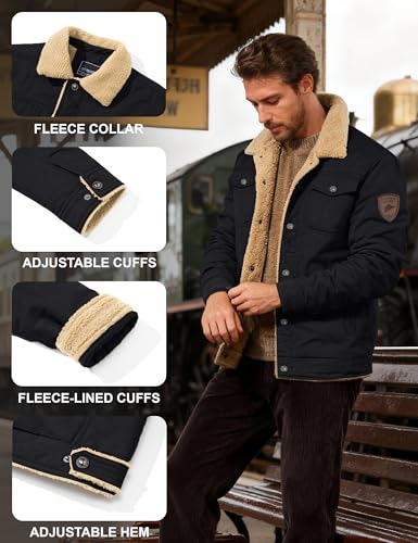 KEFITEVD Men's Winter Fleece Jacket Sherpa Lined Warm Cargo Trucker Coat - color: Black, size: Small