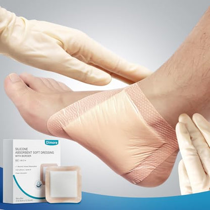 Dimora 20 Count Silicone Super Absorbent Wound Dressing - Gentle Border 5" x 5" Adhesive Bandages for Diabetic Foot Ulcers, Heavy Exudate Wound Care Pads with Ultrasorb Polymer - size: 5"x 5" - 20 pcs