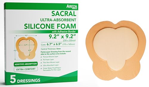 Areza Medical - Silicone Foam with Super-Absorbent Layer - Wound Dressing - Waterproof - with Adhesive Border - Sterile - Designed for Sacral Wounds - 9.2" x 9.2" - 5 PCS per Box - size: 9.2" x 9.2" - 5 PCS