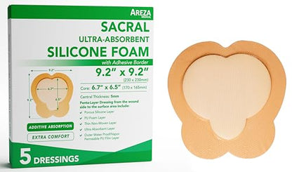 Areza Medical - Silicone Foam with Super-Absorbent Layer - Wound Dressing - Waterproof - with Adhesive Border - Sterile - Designed for Sacral Wounds - 9.2" x 9.2" - 5 PCS per Box - size: 9.2" x 9.2" - 5 PCS