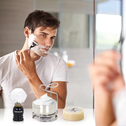 Shaving Brush Kit for Men, 4 in 1 Shaving Brushes Set Includes Badger Hair Shave Brush, Stainless Steel Shaving Bowl&Stand and Goat Milk Flavor Shaving Soap - color: Black-A