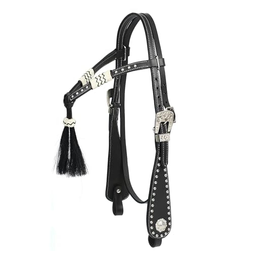 Western Leather Headstall with Rawhide Knotting, Black Hair Tassels, Decorative Futurity Knot