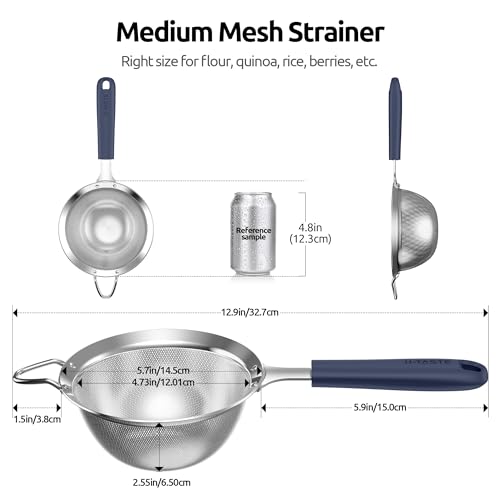 U-Taste Fine Mesh Strainer, 18/8 Stainless Steel Sieve, M/Midnight Blue | Kitchen Strainer with Silicone Handle, 4.73in Medium Food Sieve, Metal Colander for Rinsing Rice, Quinoa, Flour, Berry Seed - color: (3) Midnight Blue, size: M-4.73in