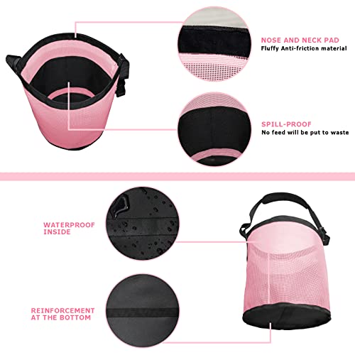 Horse Feed Bag, Nylon Mesh Grain Horse Feed Bucket (Pink 2P) | with Adjustable Strap Comfortable Neck Pad Nose Pad and Waterproof Bottom - color: Pink
