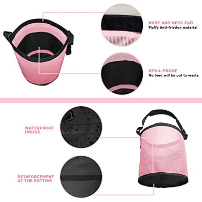 Horse Feed Bag, Nylon Mesh Grain Horse Feed Bucket (Pink 2P) | with Adjustable Strap Comfortable Neck Pad Nose Pad and Waterproof Bottom - color: Pink
