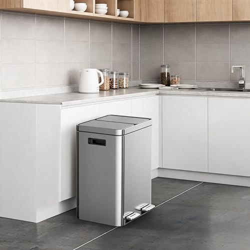 Dual Compartment Trash Can, 2 x 5.3 Gallon Kitchen Bin, Stainless Steel Recycling Bin, with Soft-Close Lids & Removable Inner Baskets, with Dual Compartments, for Kitchen Home Office Use - size: 2 x 5.2 Gallon