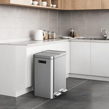 Dual Compartment Trash Can, 2 x 5.3 Gallon Kitchen Bin, Stainless Steel Recycling Bin, with Soft-Close Lids & Removable Inner Baskets, with Dual Compartments, for Kitchen Home Office Use - size: 2 x 5.2 Gallon