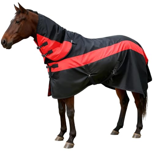 Horse Blankets Winter for Real Horses, 1600D Waterproof Poly Rain Sheets 72 in with Neck Cover Belly Wrap Tail Wrap Turnout Blanket, Stuff Care Medium Large Weight Heavy Outdoor Clothes Red Black - color: Black-Red, size: 72"