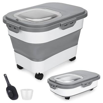 Dog Food Storage Container 17 lb, Airtight Pet Food Storage Containers with Wheels & Removable Sealed Lid, Collapsible Cat Food Containers Dry Food with Scoop and Measuring Cups - color: Gray & White