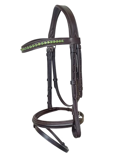 Equine Care English Horse Bridle with Reins, Padded, 6 Browband Styles - color: Havana Brown with Green Crystal