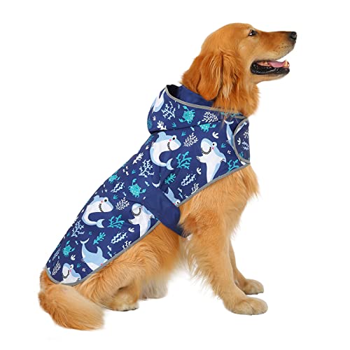 HDE 2-in-1 Reversible Dog Raincoat Hooded Poncho Rain Jacket Bl Sharks L - color: Sharks, size: Large